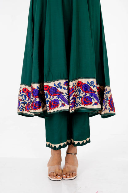 Emerald Green Embroidered Silk Suit Set with Banarasi Dupatta