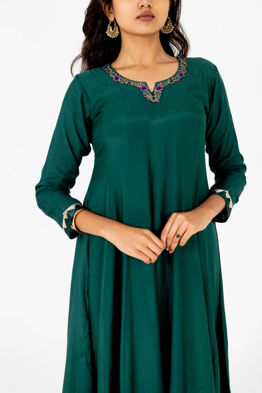 Emerald Green Embroidered Silk Suit Set with Banarasi Dupatta