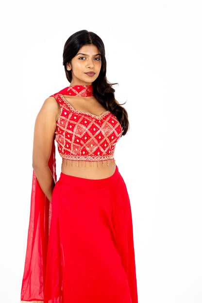 Crimson Mirror-Embroidered Lehenga Set