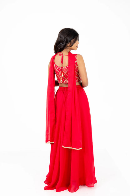 Crimson Mirror-Embroidered Lehenga Set