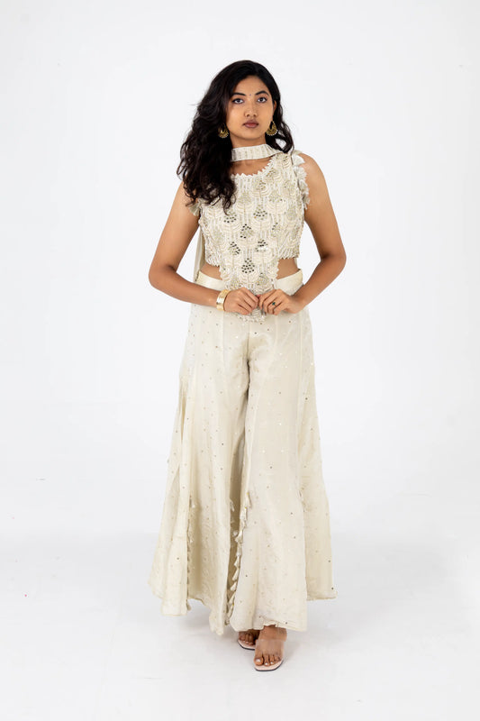 Ivory Sequin-Embellished Crop Top with Flared Palazzo Set