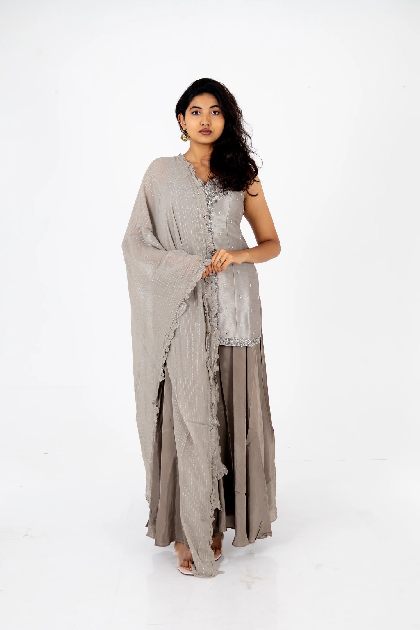 Smoky Grey Hand-Worked Kurta with Flared Palazzo & Dupatta Set