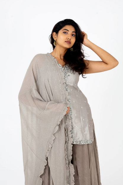 Smoky Grey Hand-Worked Kurta with Flared Palazzo & Dupatta Set