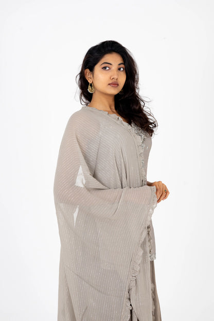 Smoky Grey Hand-Worked Kurta with Flared Palazzo & Dupatta Set