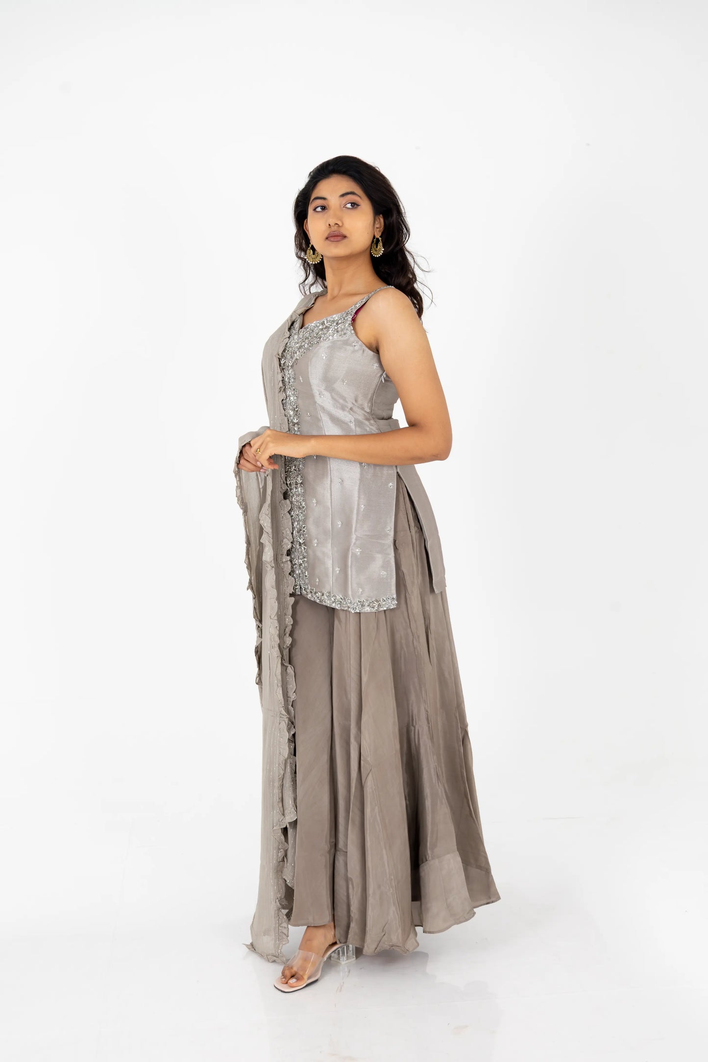 Smoky Grey Hand-Worked Kurta with Flared Palazzo & Dupatta Set