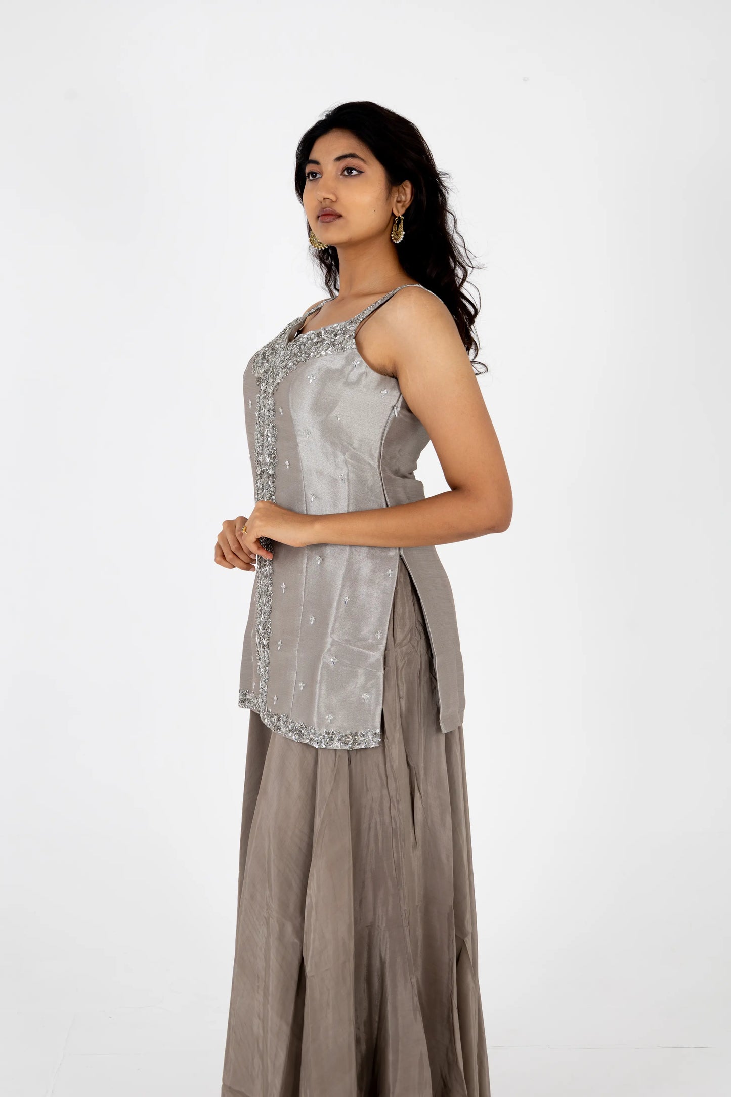 Smoky Grey Hand-Worked Kurta with Flared Palazzo & Dupatta Set