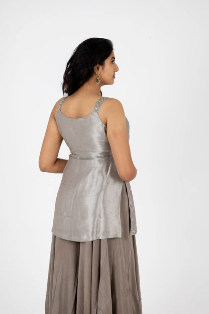 Smoky Grey Hand-Worked Kurta with Flared Palazzo & Dupatta Set