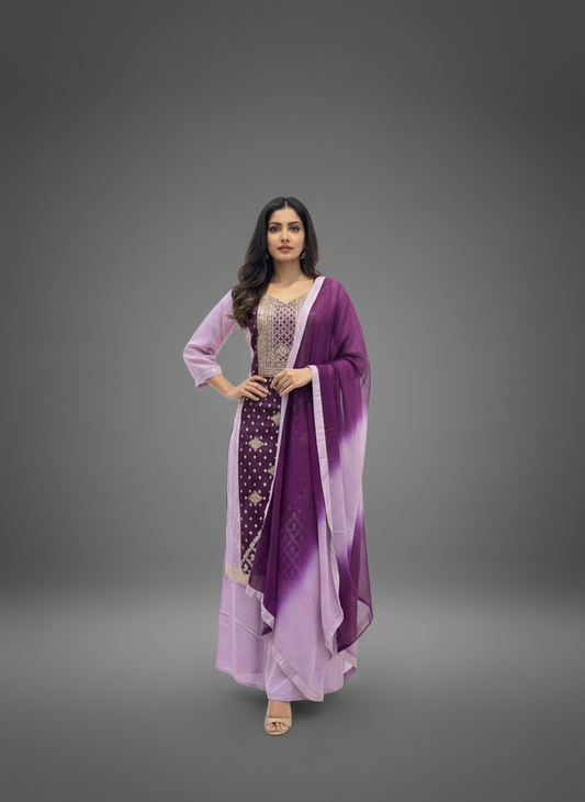 Royal Amethyst Embroidered Kurta Set with Ombre Dupatta