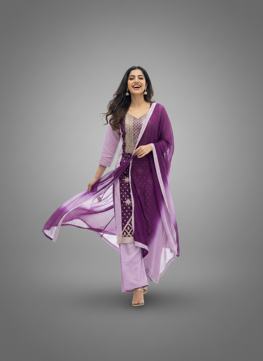 Royal Amethyst Embroidered Kurta Set with Ombre Dupatta