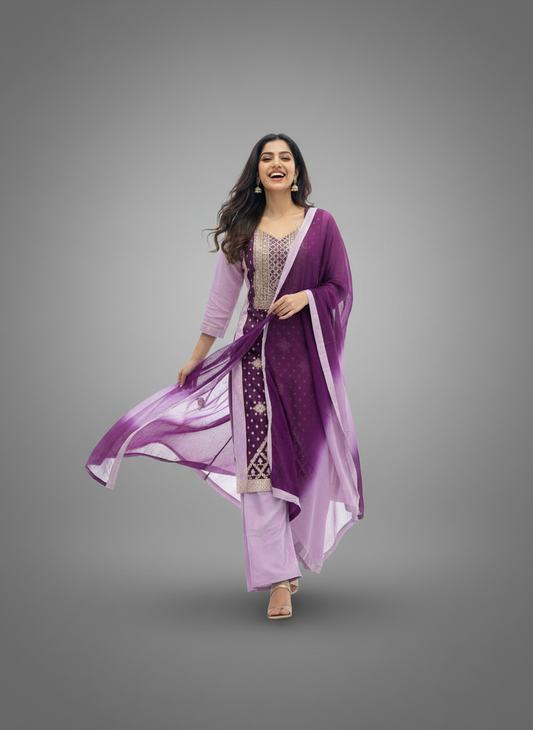 Royal Amethyst Embroidered Kurta Set with Ombre Dupatta