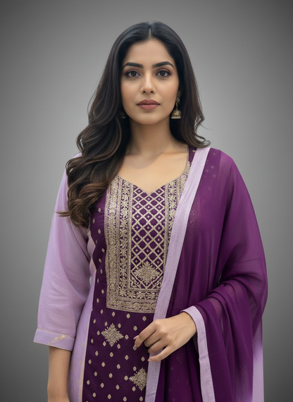 Royal Amethyst Embroidered Kurta Set with Ombre Dupatta