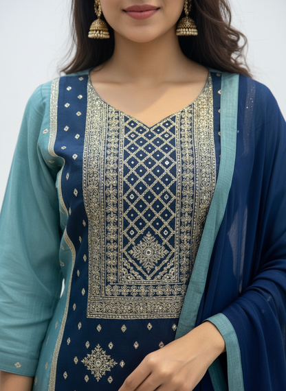Teal Serenity Embroidered Kurta Set with Ombre Dupatta