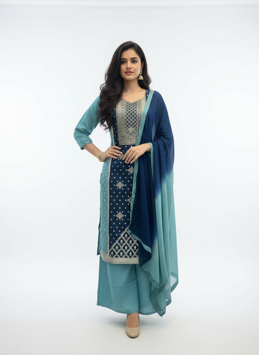 Teal Serenity Embroidered Kurta Set with Ombre Dupatta