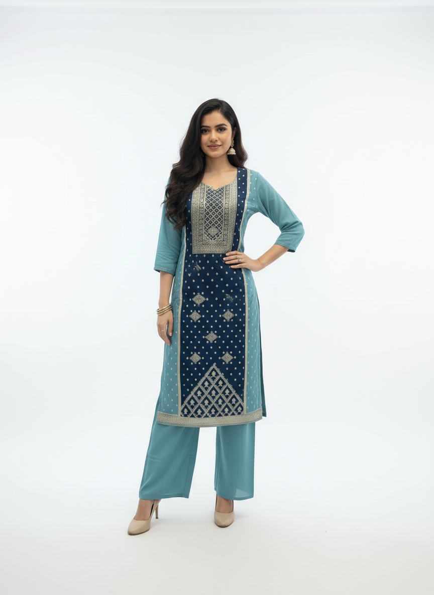 Teal Serenity Embroidered Kurta Set with Ombre Dupatta