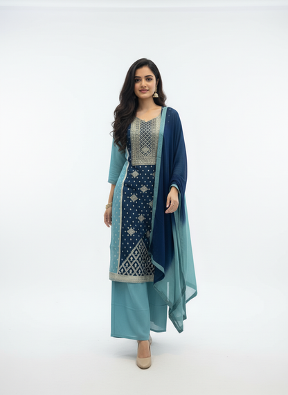 Teal Serenity Embroidered Kurta Set with Ombre Dupatta