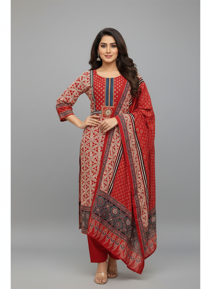 Crimson Heritage Printed Kurta Set with Statement Dupatta